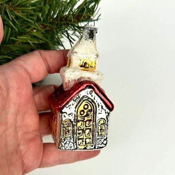 Vintage West Germany Blown Mercury Glass House Church Village Christmas Ornament - Picture 5 of 10